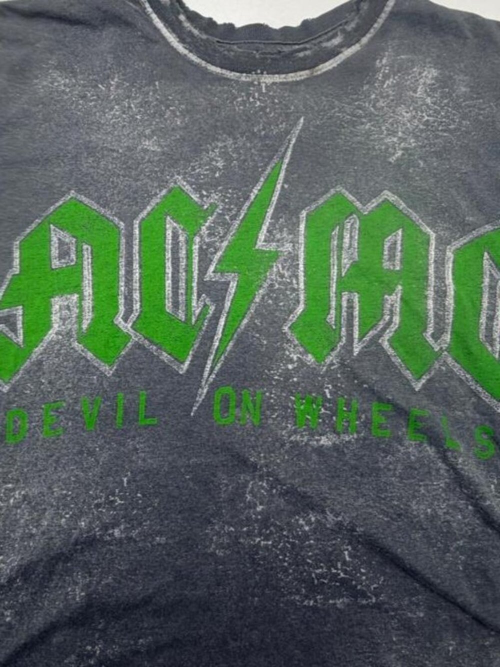 affliction american customs ac/dc devil on wheels cropped tee, grey acid wash (S